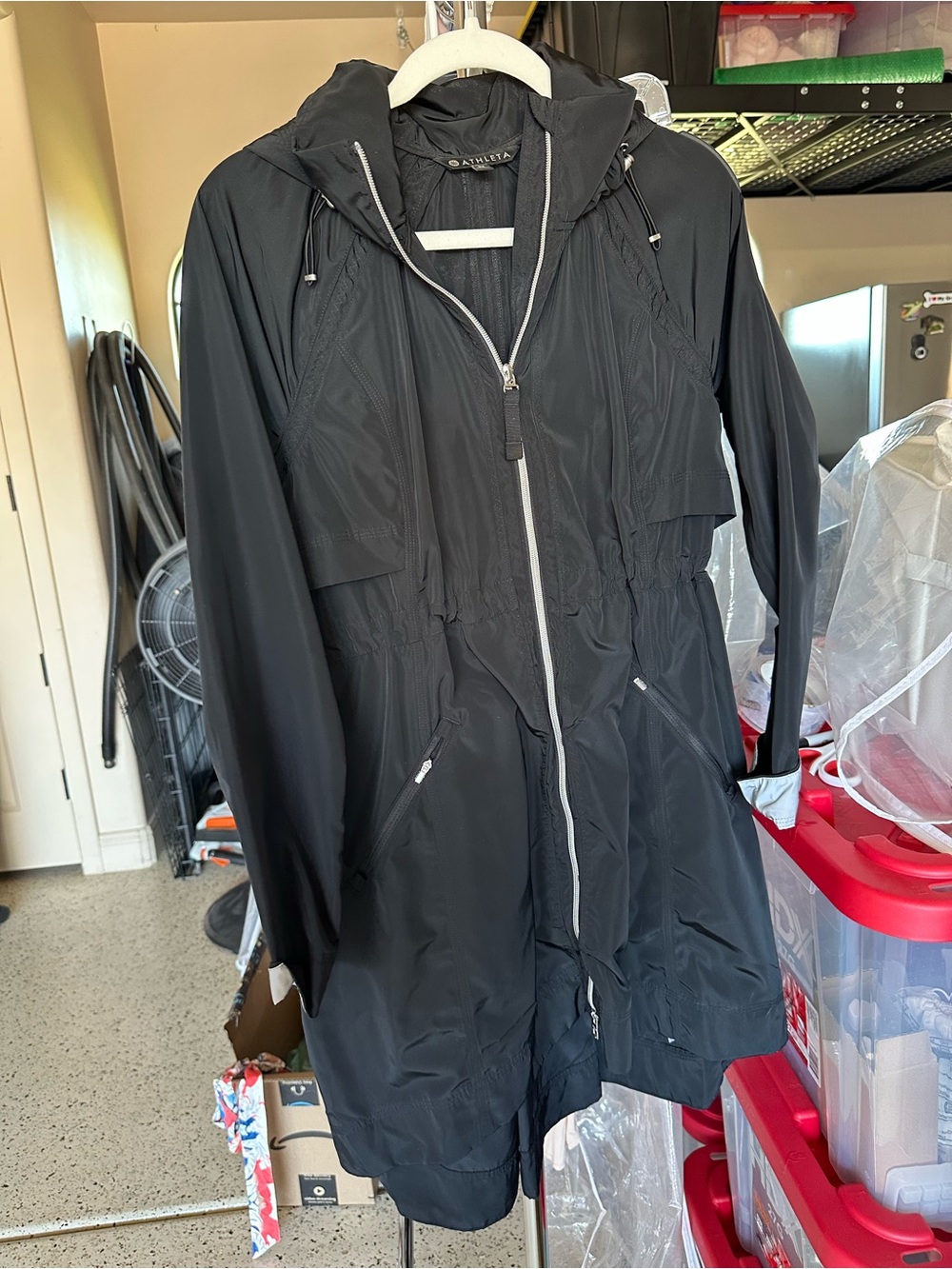 Athleta Black Hooded Trench Coat with Zipper